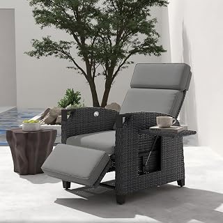 UDPATIO Liegesessel mit Sitzkissen Gartensessel Wetterfest 150° Verstellbare, Rückenlehne Rattan Sonnenliege mit Beistelltisch für Innen, Außeneinsatz- Grau Sitzkissen & Dunkelgrauer Rattan
