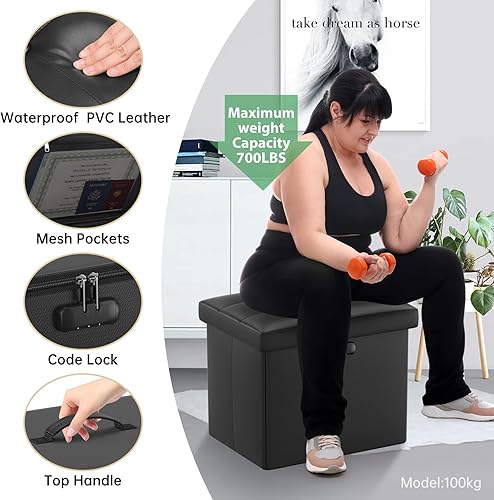 Miniatura 6 de ENGPOW Otomana de almacenamiento con cerradura, taburete otomano plegable ignífugo e impermeable, con almacenamiento seguro para documentos