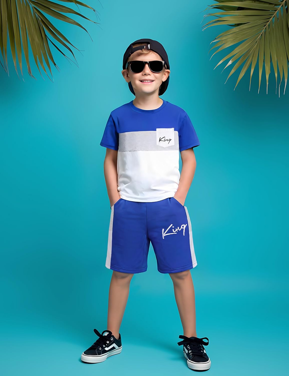 Size 6-12 Years Boys Summer Outfits Set Kids Short Sleeve Top T-Shirt & Shorts Color Block Clothing Sets - Image 3