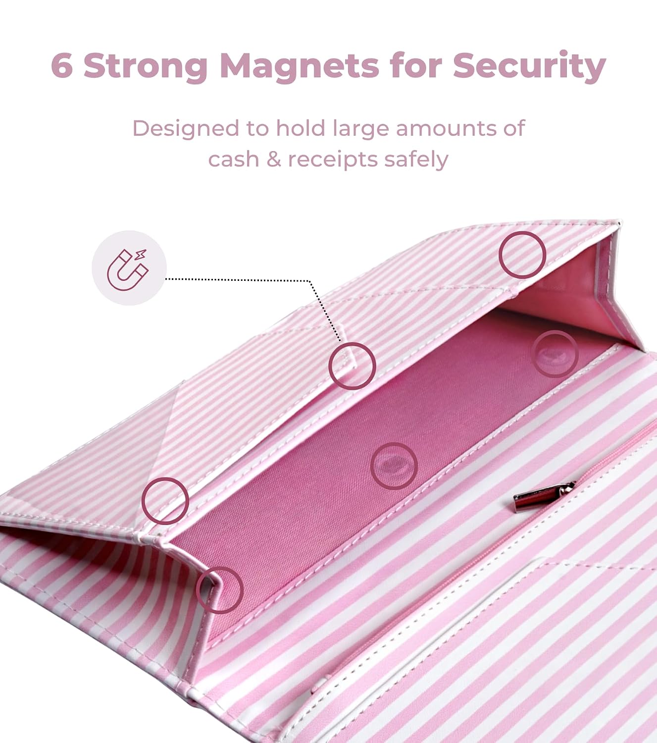 Zreal Server Book for Waitress with Zipper, Magnetic Pocket Pink Stripes | Cute 5"x9" serving book for Waiter Book Wallet, Restaurant Waitstaff Organizer with High Volume Money Pouch Fits Server Apron