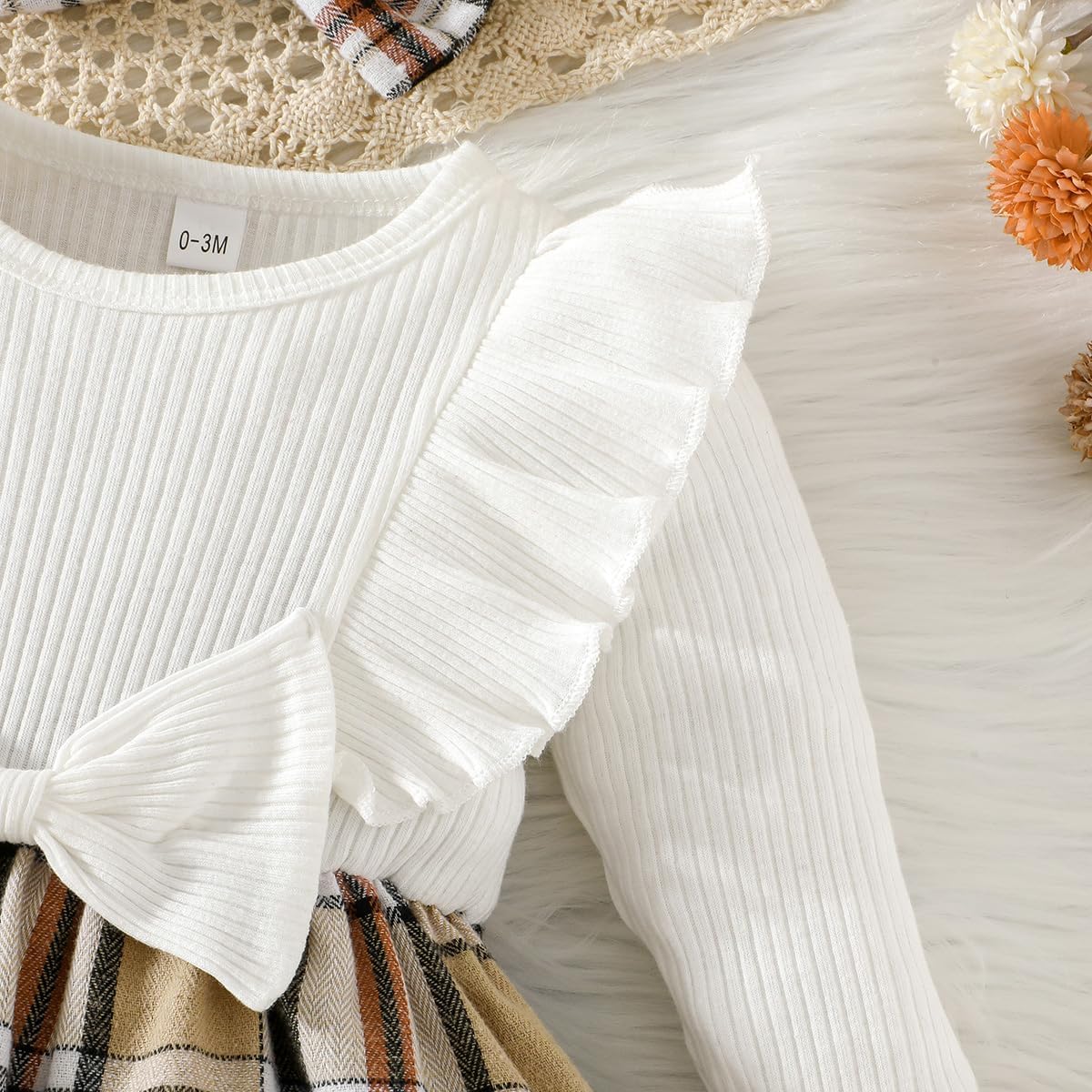 Magic Park 0-24M Baby Toddler Girls Ruffle Long Sleeve Bodysuit Ribbed Plaid Romper Dress Fall Winter Outfit with Headband - Image 4