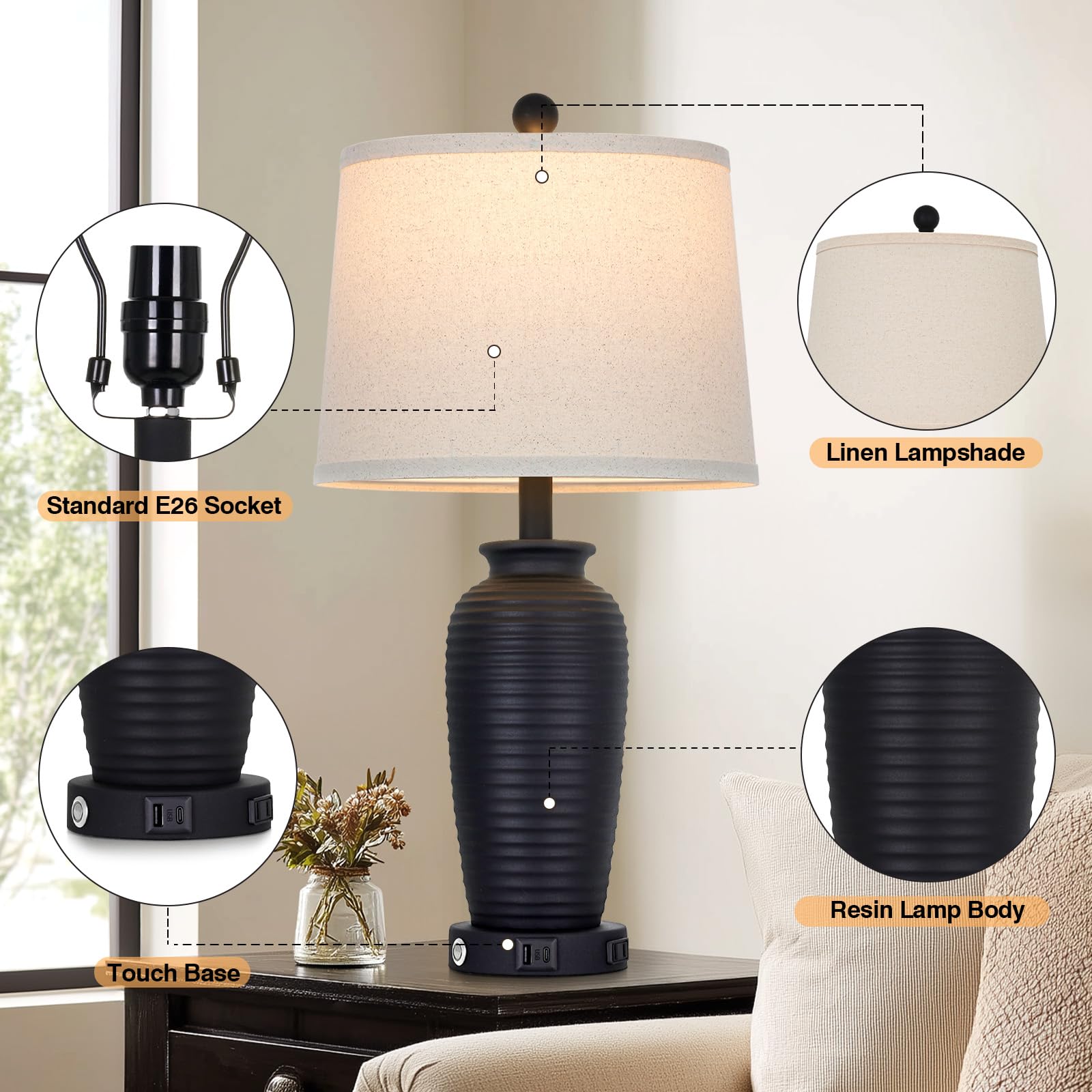 CINSARY 63,5 cm Retro Schwarz Farmhouse Jar Tischlampen Set mit 2 Stück, 3-Wege-Touch-Steuerung, rustikale Nachttischlampen mit USB-A+C-Anschlüssen & AC-Steckdose, Topf-Nachttischlampen für
