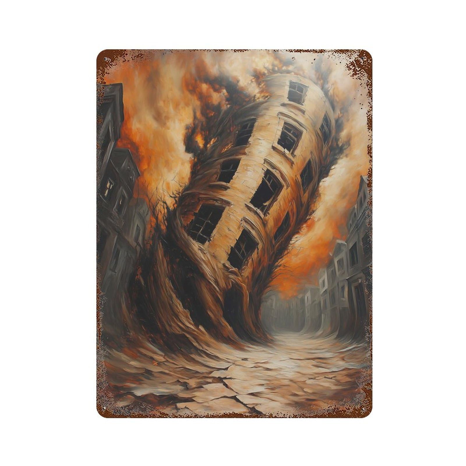 Twisted Reality – Surreal Apocalypse Art, Collapsing Cityscape Rusty Metal Tin Sign 15.7"x11.8", for Shed, Workshop And Garage Wall Decor, Shabby Chic Decor