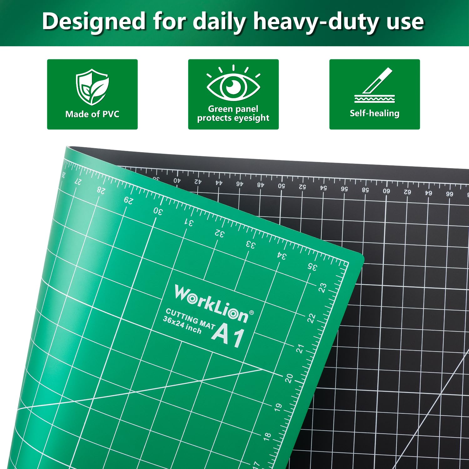 WORKLION Tapis de découpe auto-cicatrisant : 61 x 91,4 cm Grand tapis double face 5 couches en PVC quadrillé pour couture, matelassage, scrapbooking et projets d'art et d'artisanat (vert/noir)