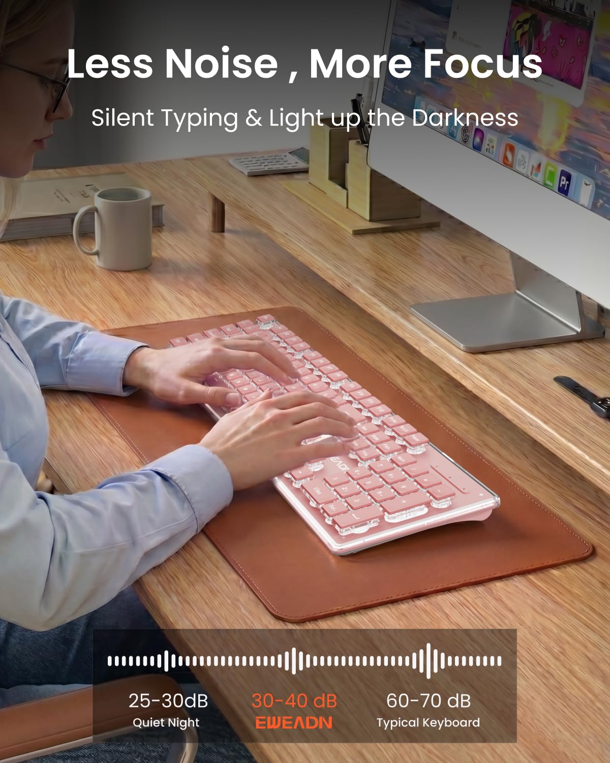 SEUNKWANG EWEADN X7S - Tastiera wireless con retroilluminazione bianca, pannello in metallo, 2,4 G, ricaricabile, silenziosa, per Win e Mac, colore rosa