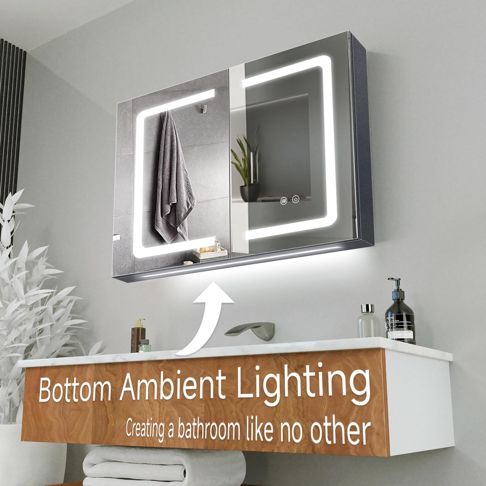 Specchio Bagno Contenitore con LED Luce e Presa Elettrica, 80x60 cm, Armadietto Specchio Bagno con Luce, Mensola Regolabile, 3 Temperature di Colore, Anti Appannamento, Dimmerabile