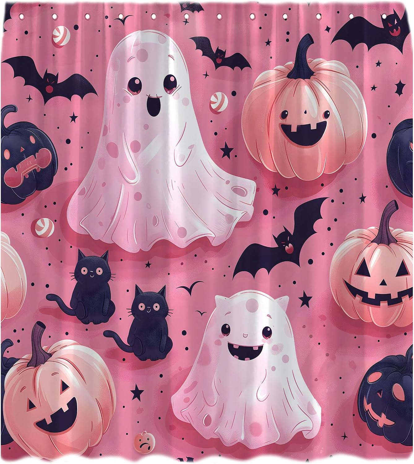 Spooky Halloween Shower Curtain Funny Cartoon Pink Halloween Cute White Ghost Black Cat Bat Orange Pumpkin Happy Holiday Time Fabric Bathroom Curtain with Hook
