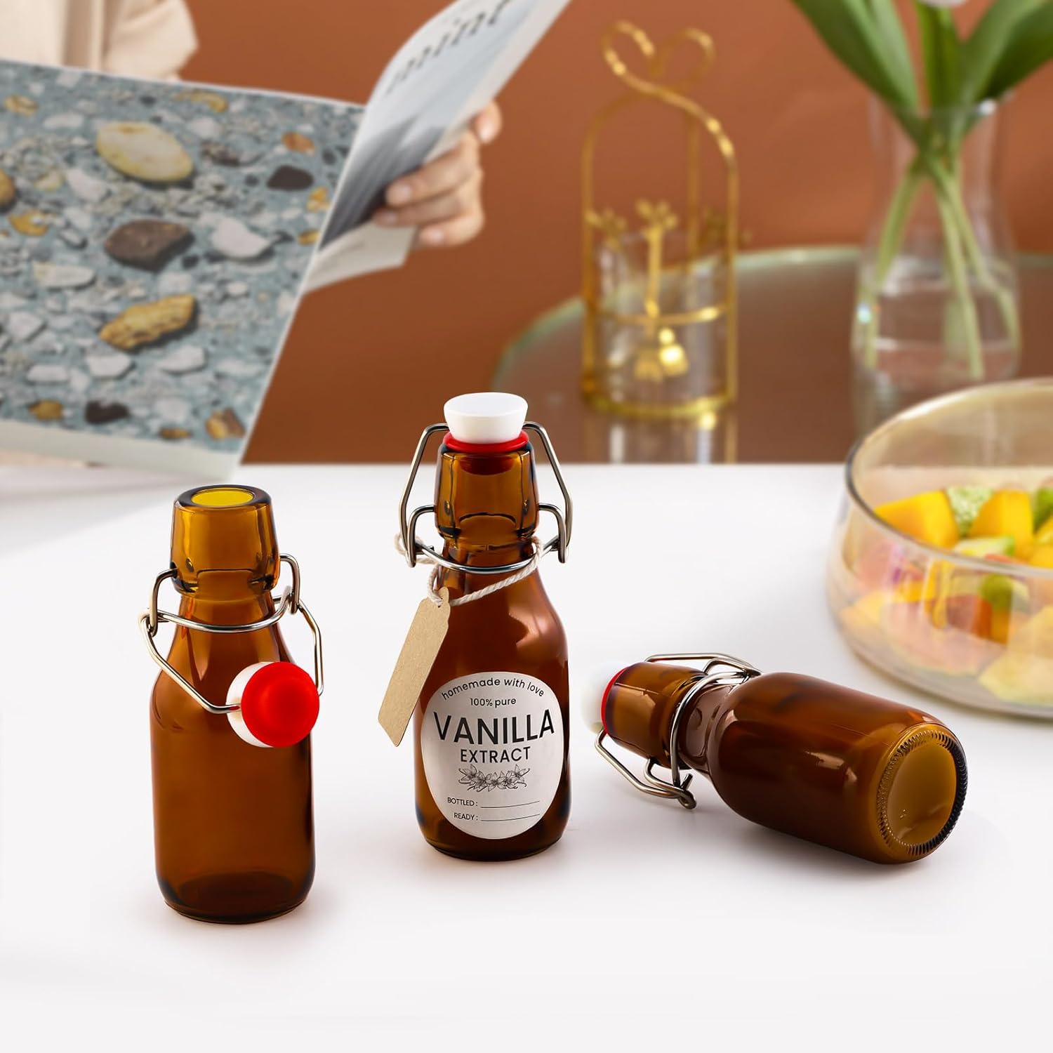 24 Pack 4 oz Swing Top Glass Bottles Amber Flip Top Glass Bottles Vanilla Extract Bottle with Airtight Lid Flip Top Beer Brewing Bottle for 2nd Fermentation Vanilla Extract Kombucha Beverage Soda