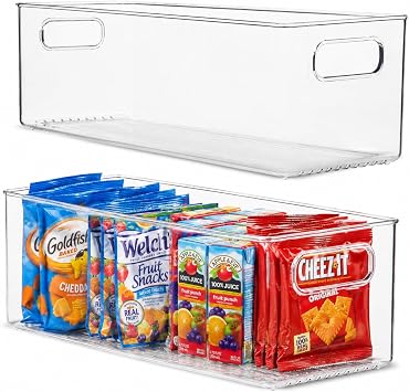 primebox Plastic Food Storage 2 Pack Clear Container Bin with Handles for Organizing Kitchen, Pantry, Refrigerator, Freezer, Pantry, Cabinet, Closet, Bathroom. 16x6x5
