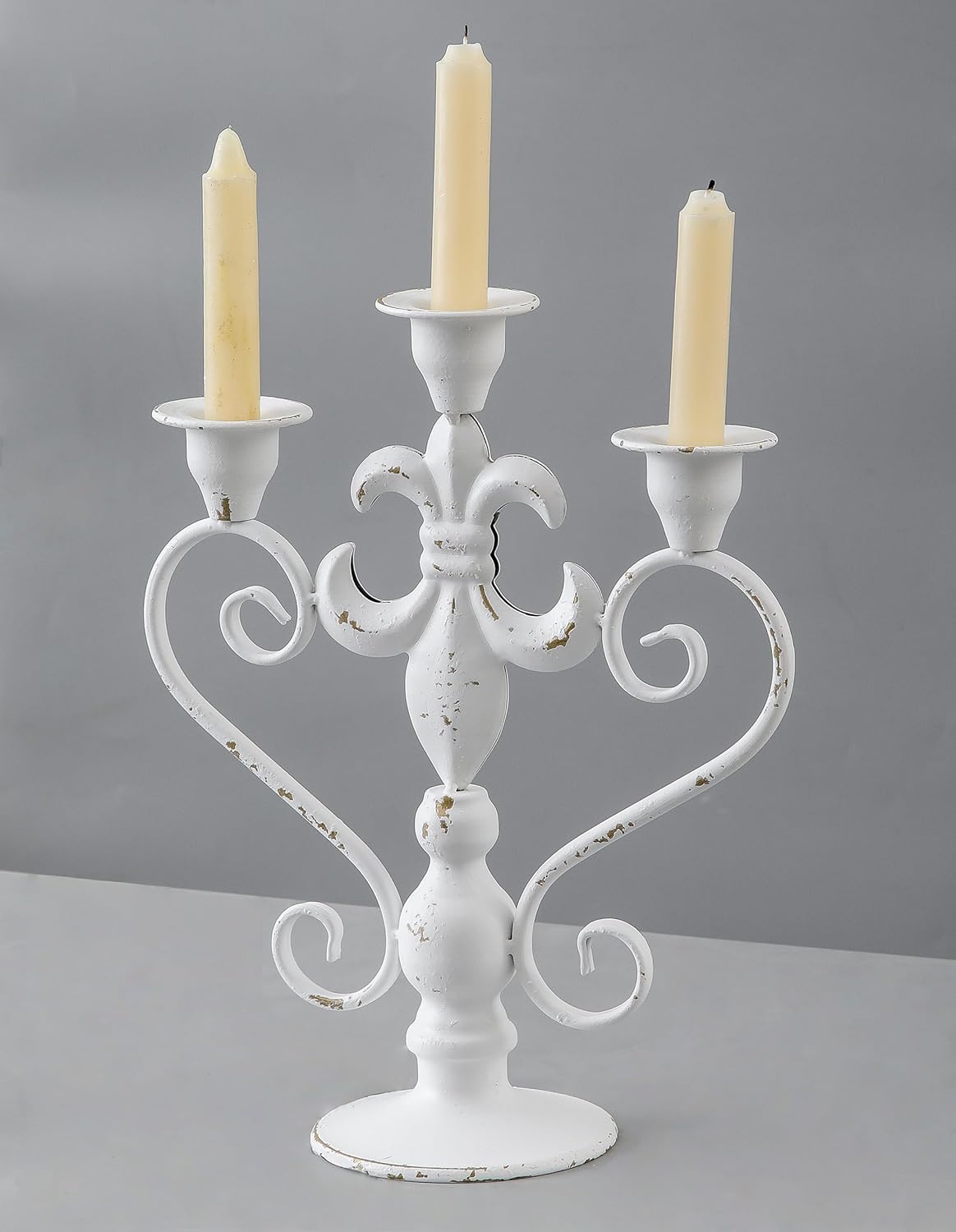 SOFE Metal 3 Arm Candelabra, Shabby Chic White Taper Candle Holder 13 Inches Tall, Vintage Table Centerpiece Decor Dining Room Birthday Party Holiday