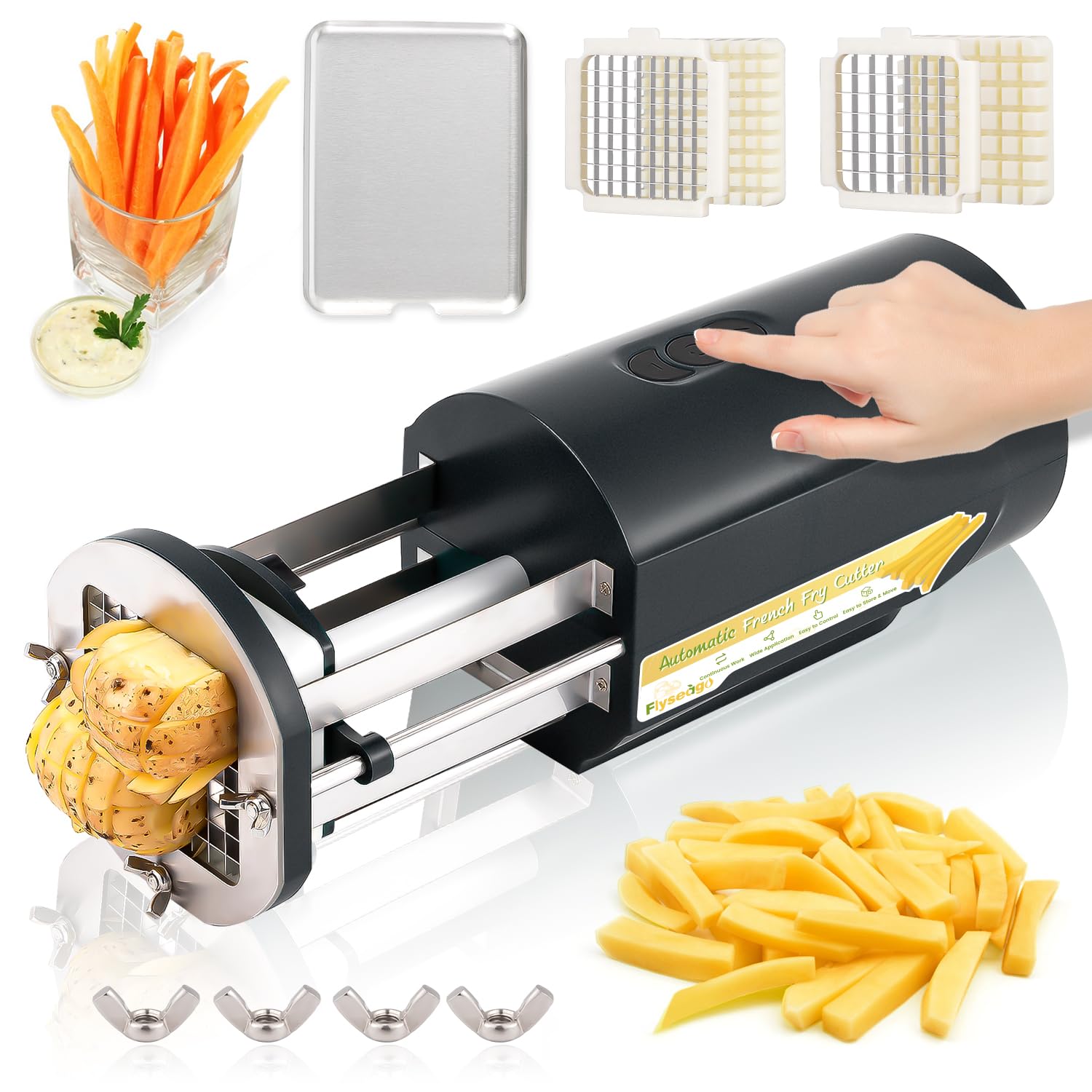 Electric French Fry Cutter Automatic Potato Cutter Machine Commercial French Fry Maker Cutter Household with 1/2 & 3/8 Inch Stainless Steel Blades&Tray for Cucumbers, Carrots (Black)