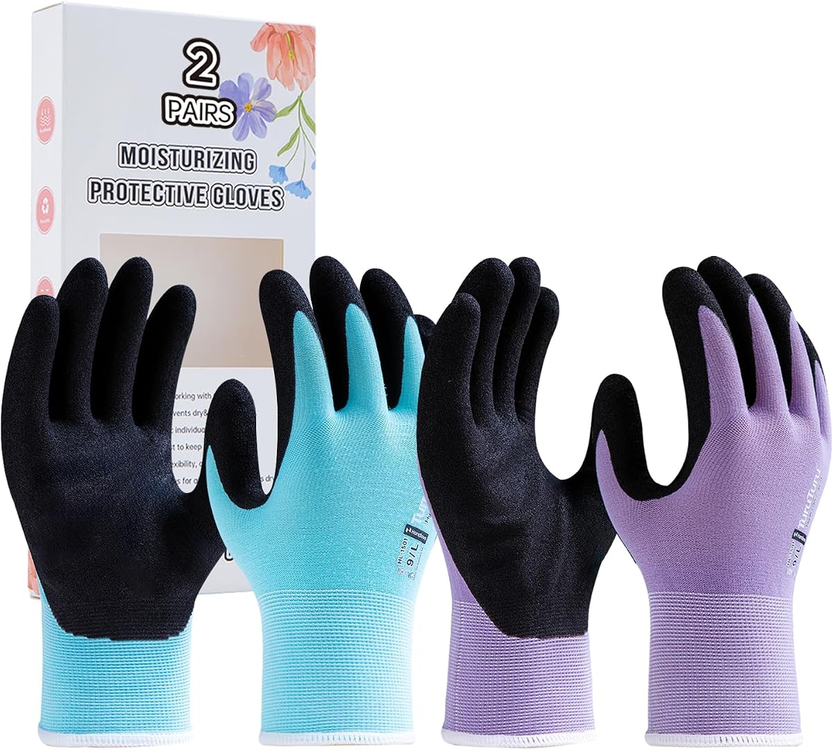 HandLove Gardening Gloves Women,Nitrile-Coated,2 Pairs, Large,Blue&Purple | Hyaluronic Acid Moisturizing Gloves,Breathable Nitrile-Coated Grip,Latex-Free Touchscreen, for Weeding, Planting & Yard Work