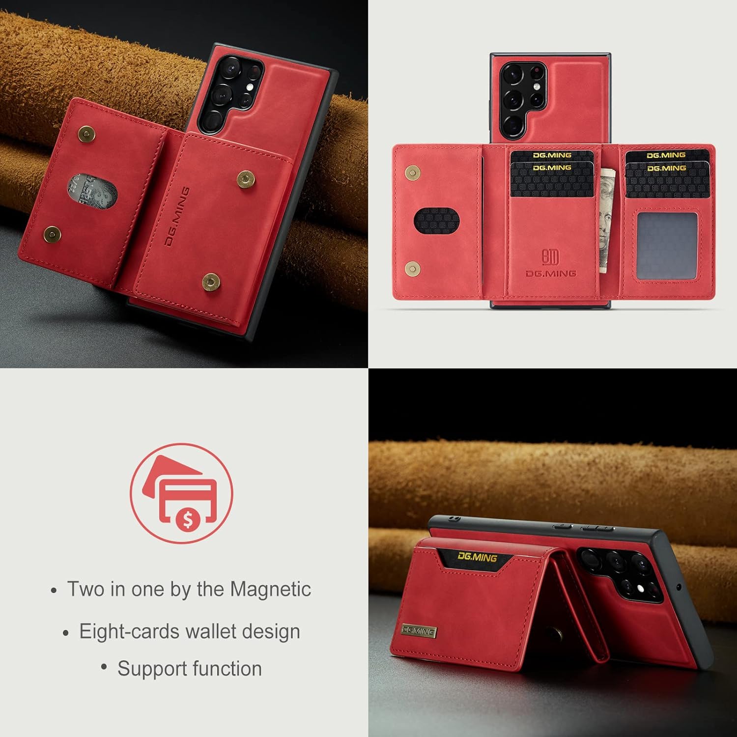 SZHAIYU 2 in 1 Detachable Leather Phone Cases for Samsung Galaxy S23 Ultra 5G Case Wallet with Card Holder Men 6.8'' (Red,S23 Ultra)
