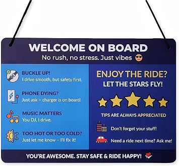 Funny Rideshare Car Sign Welcome On Board Hanging Backseat Reminder for Passengers 5-Star Rating & Tip Etiquette Sign Waterproof PVC Display for App-Based Drivers 11x7.9in