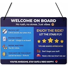 Funny Rideshare Car Sign Welcome On Board Hanging Backseat Reminder for Passengers 5-Star Rating & Tip Etiquette Sign Waterproof PVC Display for App-Based Drivers 11x7.9in