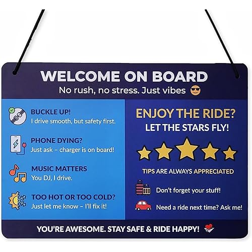 Funny Rideshare Car Sign – “Welcome On Board” Hanging Backseat Reminder for Passengers – 5-Star Rating & Tip Etiquette Sign – Waterproof PVC Display for App-Based Drivers – 11x7.9in