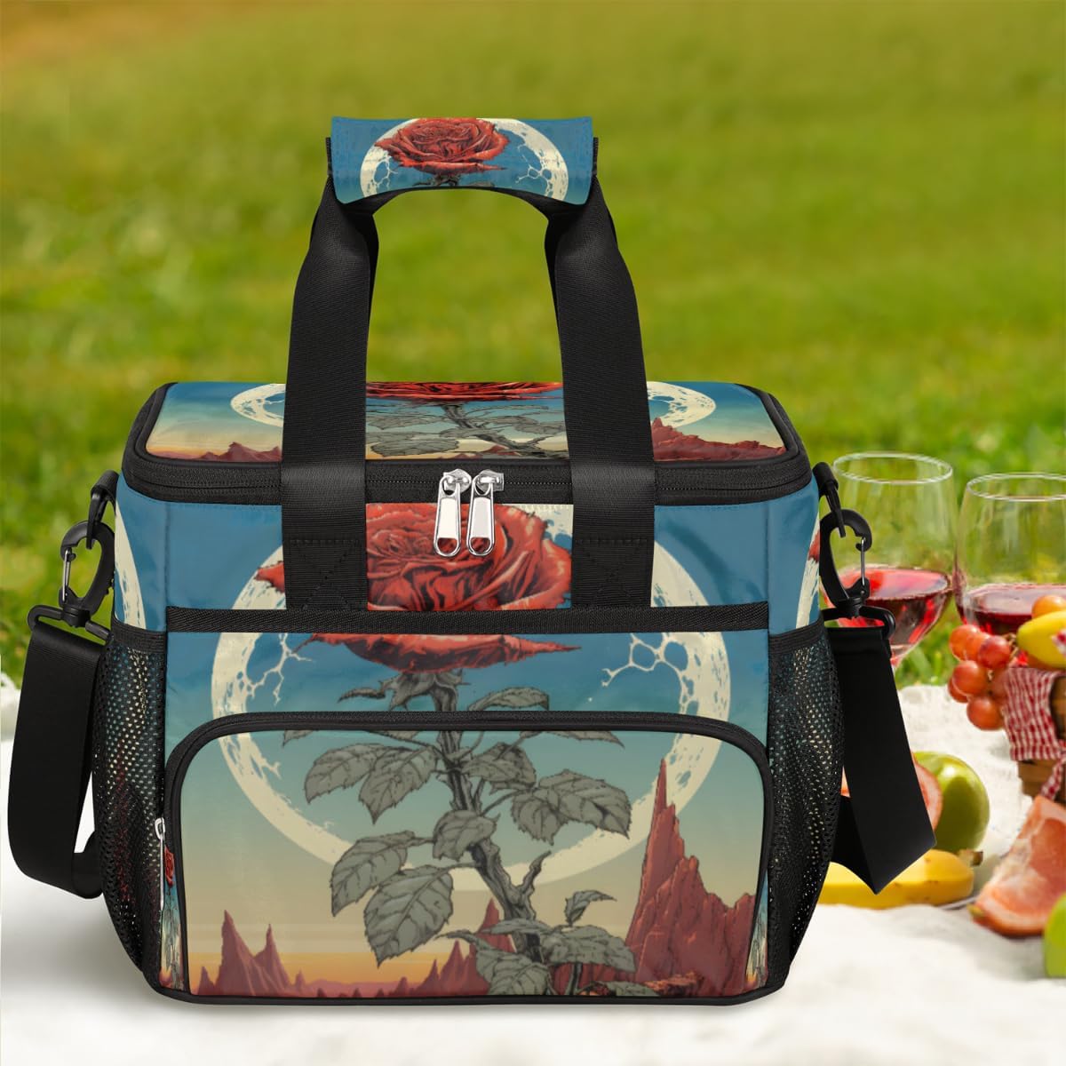 Red Rose Insulated Picnic Backpack Lunch Box for Women Men Picnic Basket Tote Lunch Bag Picnic Bag Portable Lunch Bags for Picnic, Beach, Work, Trip,Office, Camp Desert Rose