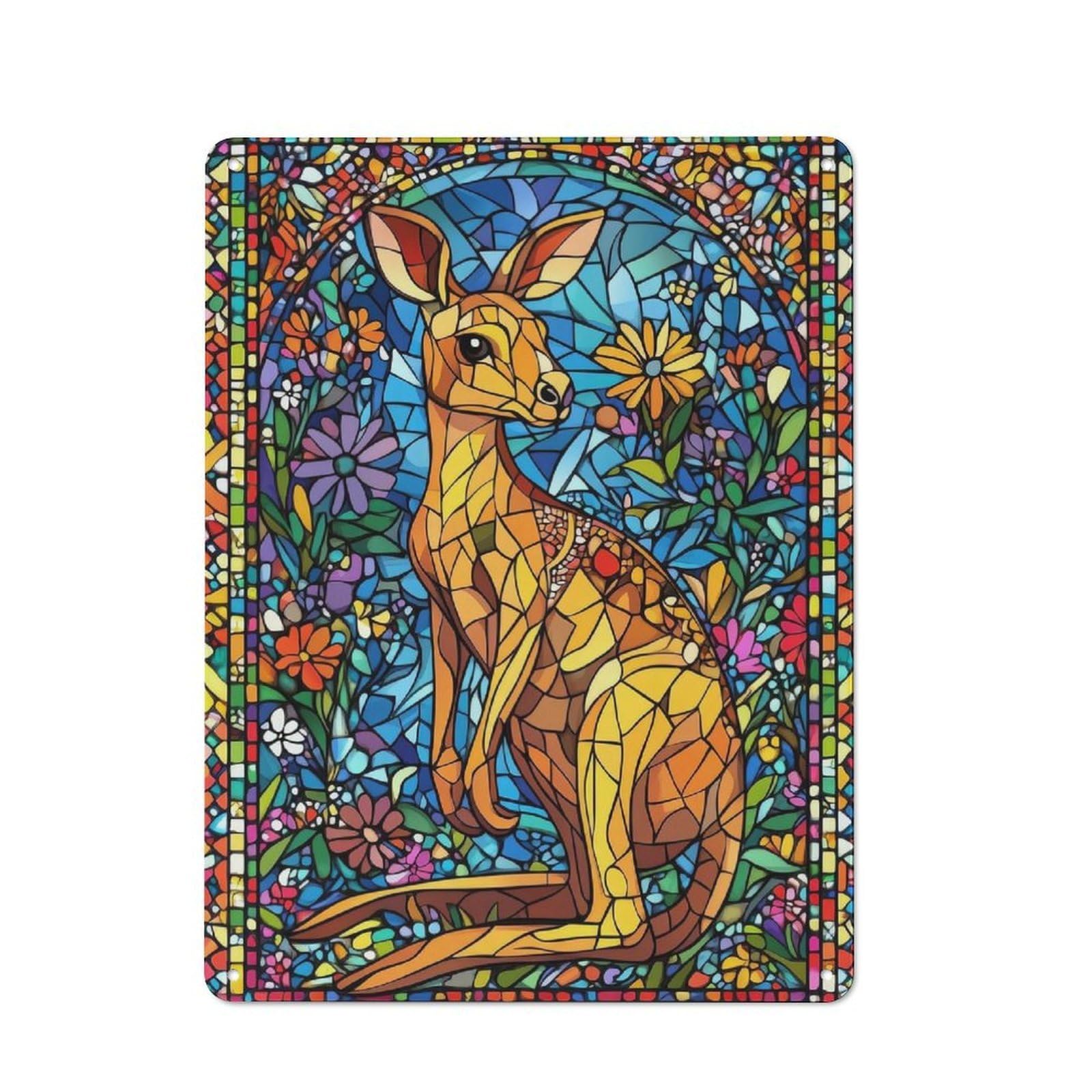 Junmoney Stained Glass Kangaroo Metal Wall Sign With Design 40X30cm, Clean Industrial Studio Wall Art For Loft, Studio, Office Or Creative Room