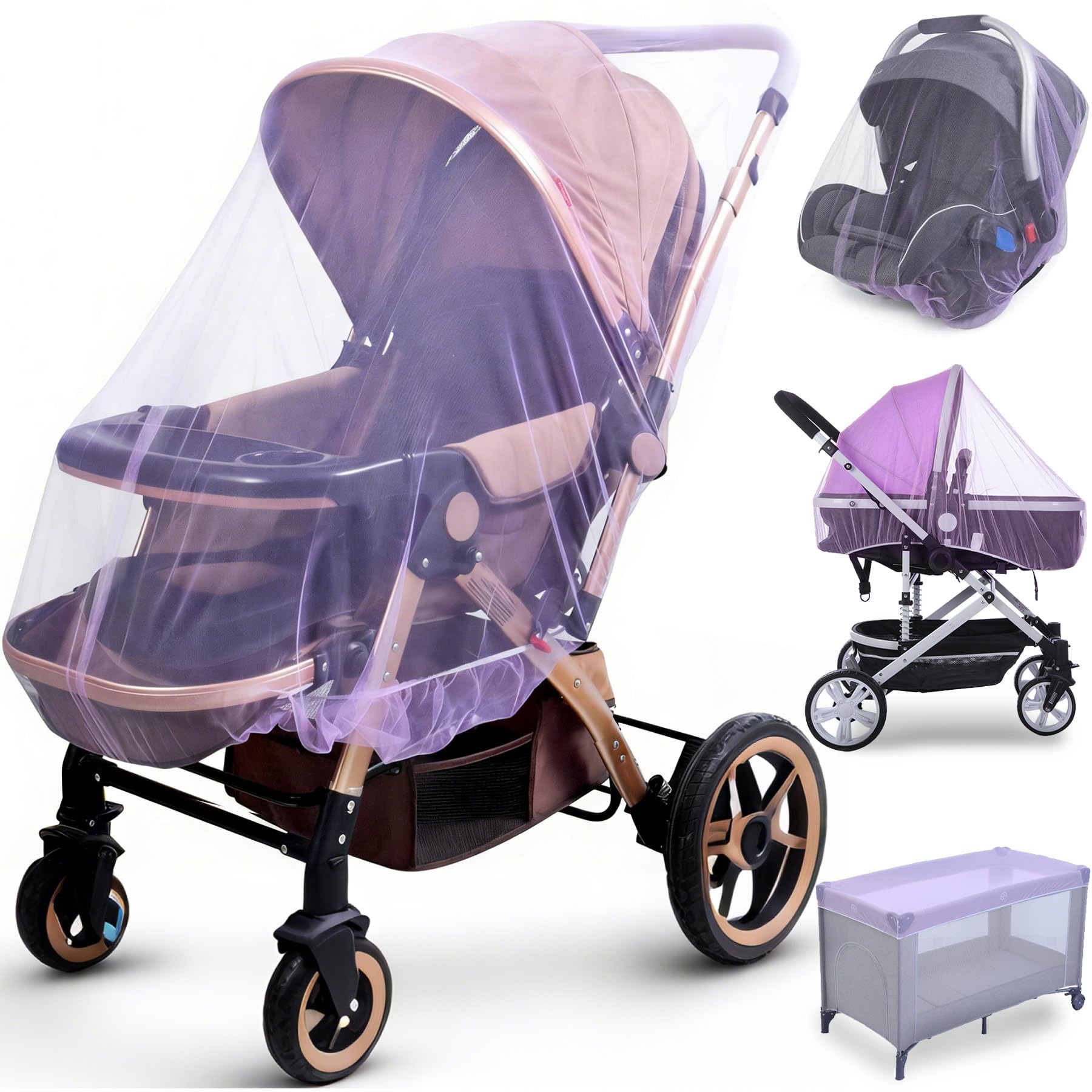 Mosquitera para cochecito (paquete de 2) – Mosquitera duradera para cochecito de bebé – Red de insectos perfecta para cochecitos, moisés, cunas, corralitos, Pack N Play y mini cuna portátil (morado)