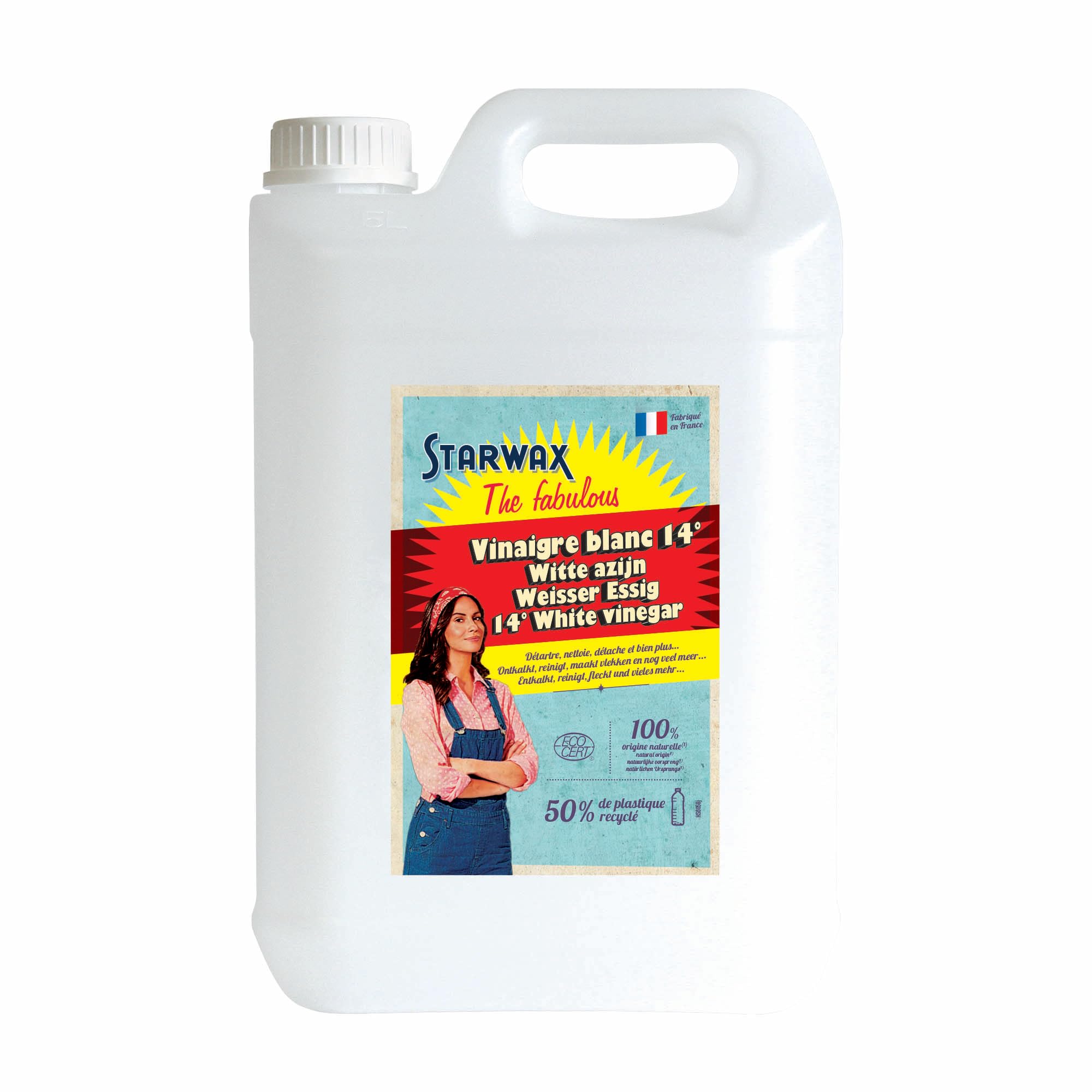 STARWAX THE FABULOUS - Vinaigre Blanc Ménager 14° - Détartre, Dégraisse, Détache et Adoucit l'Eau - Sans Parfum - 100% d'Ingrédients d'Origine Naturelle - Fabriqué en France - 5L