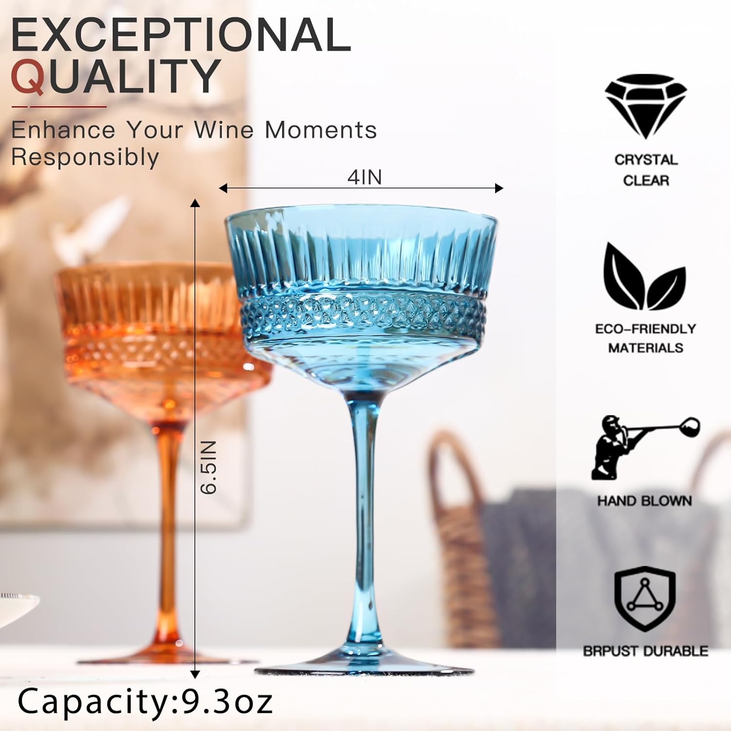 Colored Coupe Glasses, Martini Glasses Set of 6, Vintage Champagne Coupe Glasses,9.3oz Large Martini Glass, Crystal Retro Style Cocktail Glass for Valentine's Day Gifts, Vintage Art Deco Glassware - Image 5