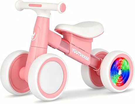 Baby Balance Bike for 1-2 Year Old Toddlers, 4-Wheel First Walking Bike with Colorful Light for 12-24 Month Infants, 1st Birthday Gift Boys Girls