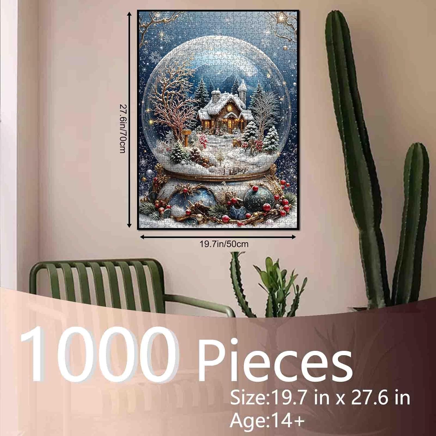Christmas Cottage Snow Globe Puzzles 1000 Pieces Crystal Ball Puzzles Suitable Adults Children Family Game Nights Home Wall Decorations Paper Puzzles 70×50cm
