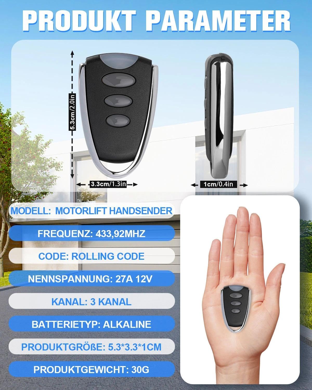 Garagentor Handsender für Chamberlain Fernbedienung TX4RUNI TX2REV, 3 Tasten einfache Programmierung, Kompatibel mit Motorlift ML510EV ML700EV ML1000EV, 2 Stück