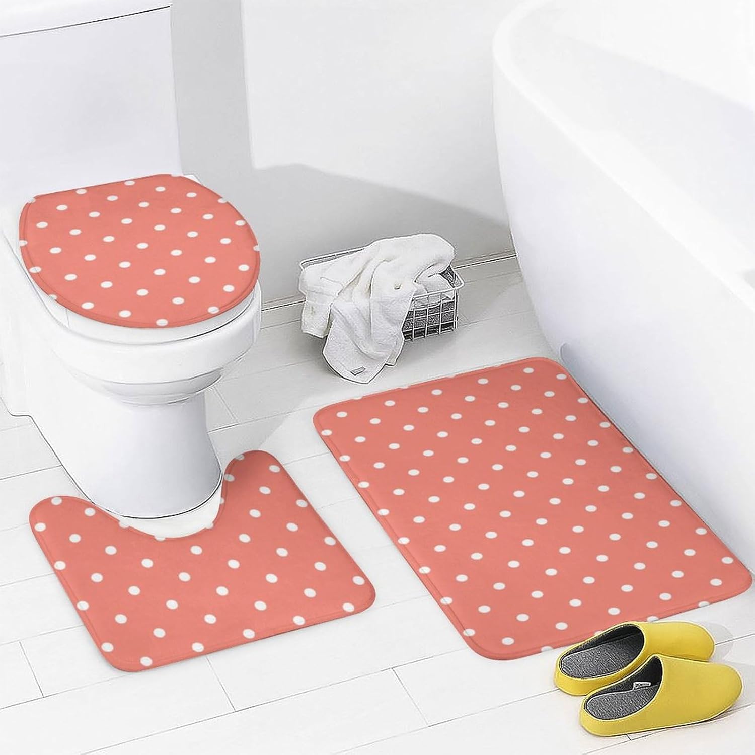 4 Pieces Shower Curtain Sets, Polka Dot Coral White Bathroom Sets with Shower Curtain & Rugs, Bathroom Decor Rug Toilet Lid Cover & Non-Slip U Shape Mat