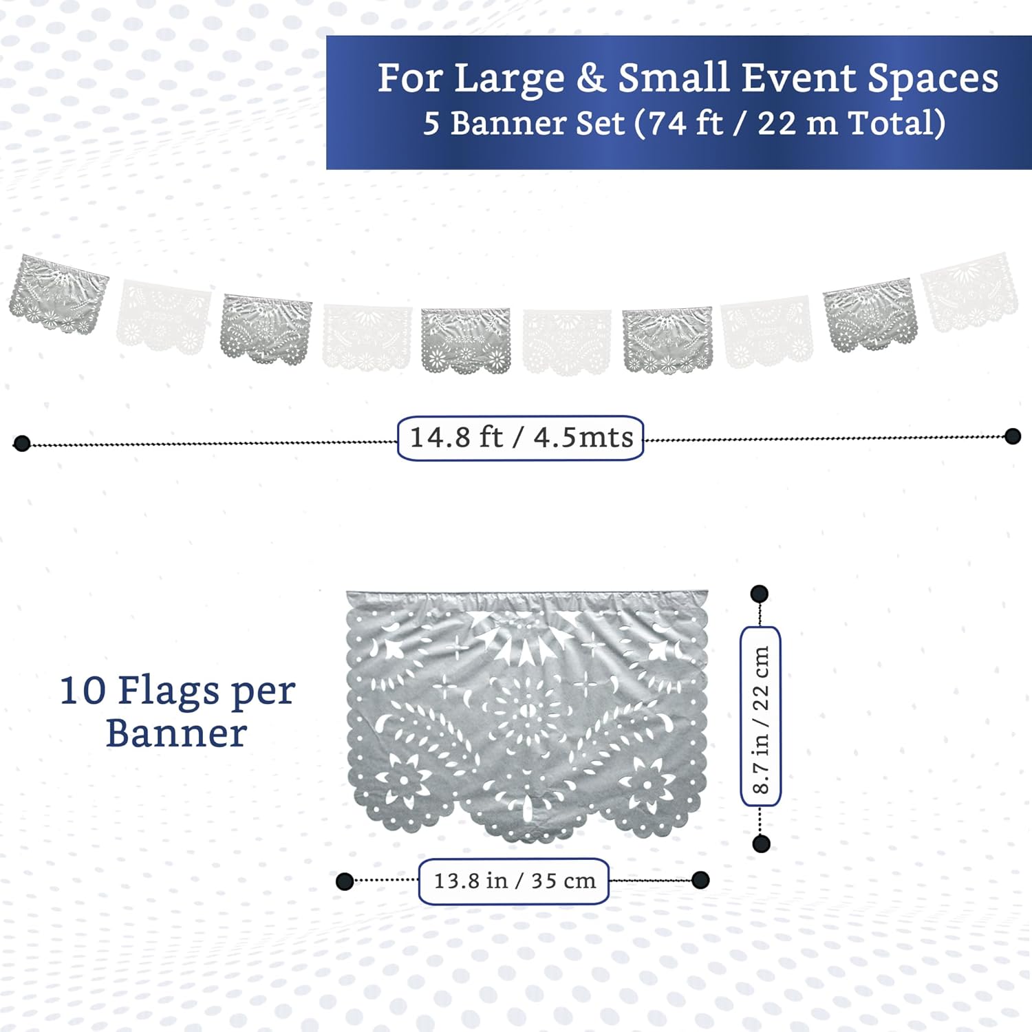 White and Silver Papel Picado Banner (5 Pack - 10 Tissue Paper Flag Designs per Banner/Not Plastic) - White Mexican Banners for Parties and Weddings - Mexican Themed Party Decorations