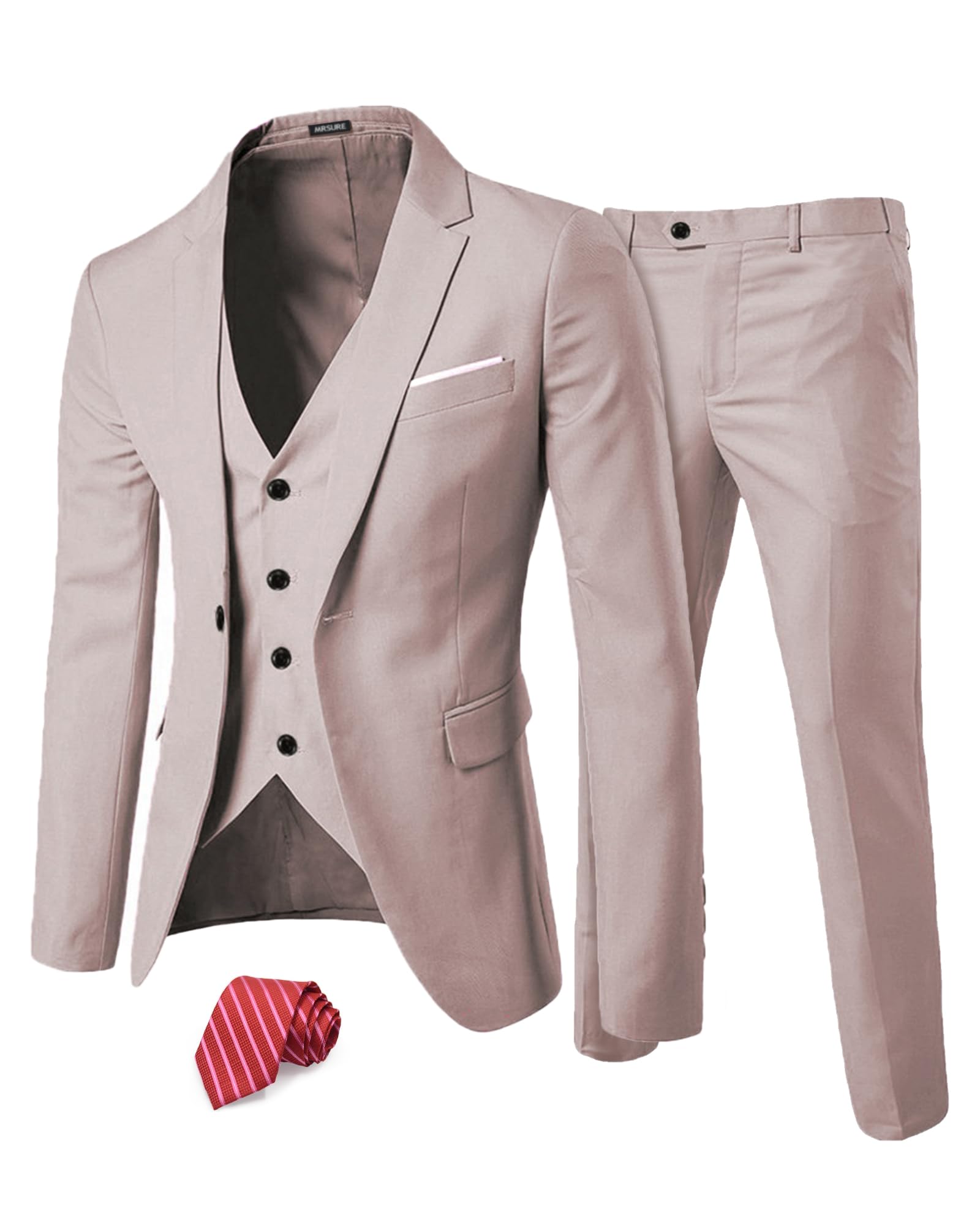 MrSure Men’s 3 Piece Suit Blazer, Slim Fit Tux with One Button, Jacket Vest Pants & Tie Set for Party, Wedding and Business
