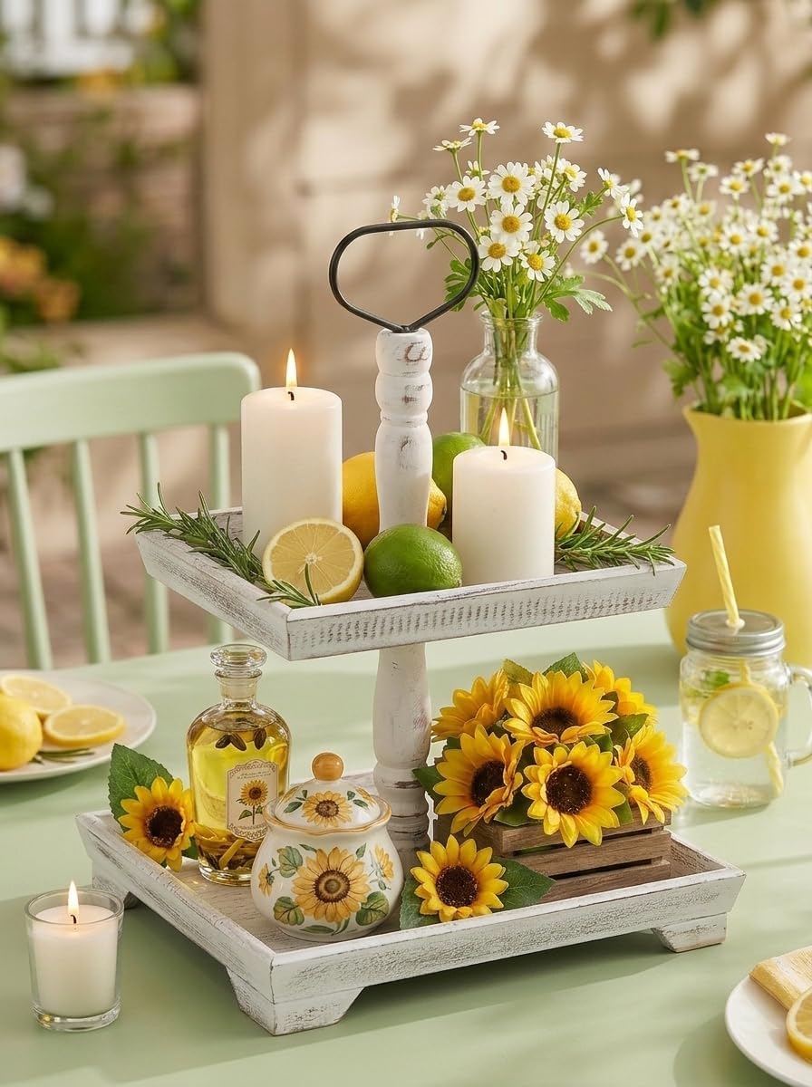 Hanobe Tiered Tray for Table Decor: 2 Tier Sunflower Decorative Tray Stand for Coffee Bar - Spring Farmhouse Rectangle Wood Display for Kitchen Counter, Rustic White