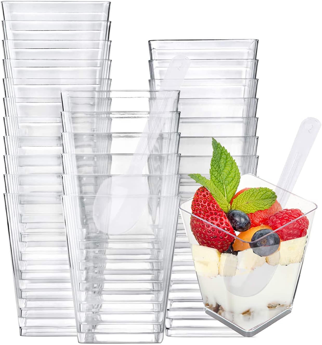 Sohapy 50 Pack 5 Oz Parfait Cups with Spoons Tall Square Food Grade Clear Plastic Dessert Tumbler Cups for Tiramisu,Cakes,Ice cream,Parfait, Dip, Sundaes,and Cookies (50)