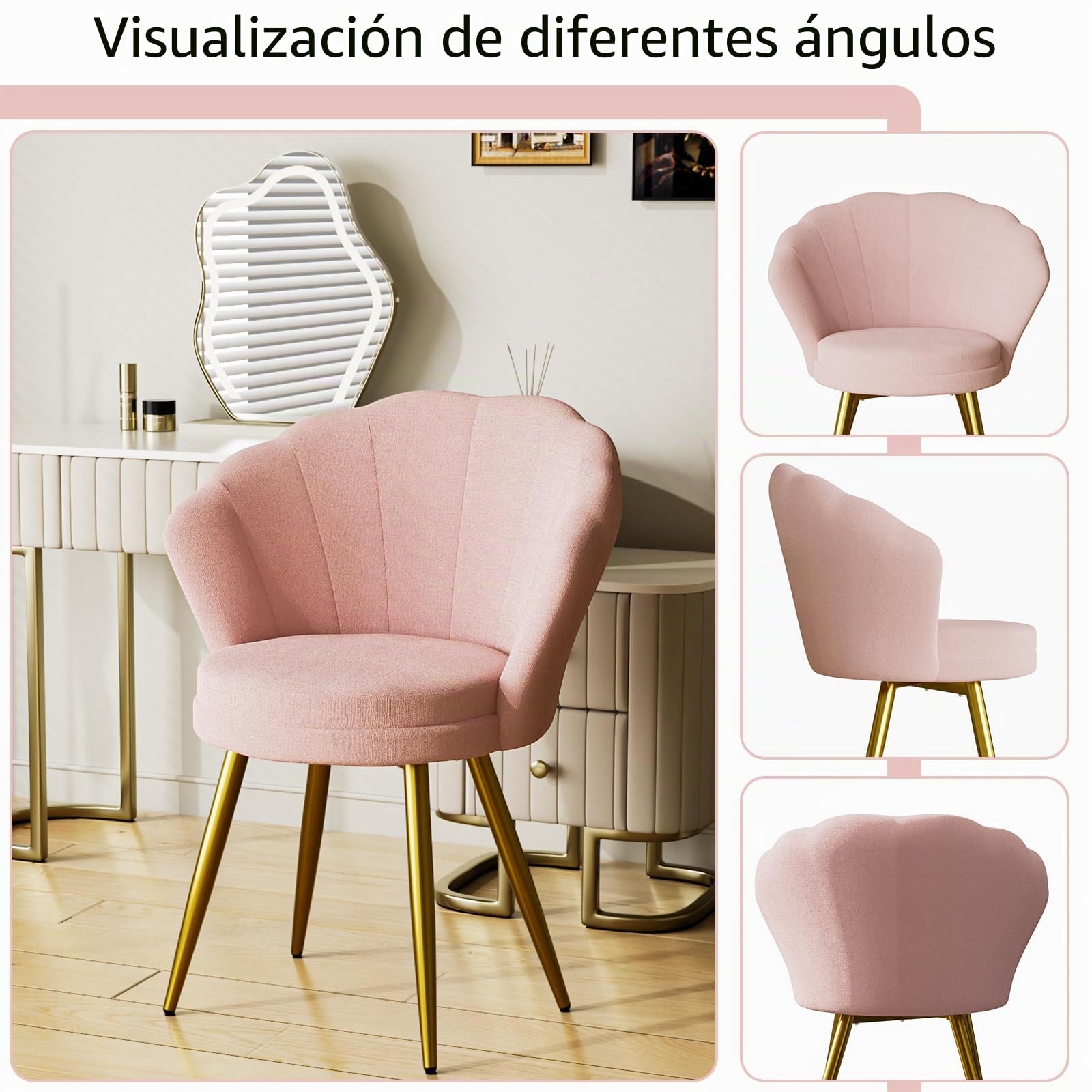 Silla de Terciopelo Rosa con Patas de Metal para Salón, Oficina y Comedor