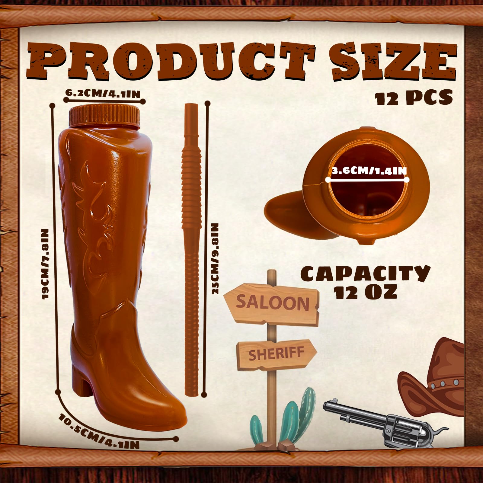 8HREST 12 Pcs Cowboy Boot Party Plastic Cups with Straws and Lids 12 Ounces Plastic Cowboy Cups for Western Themed Party Supplies and Rodeo Decorations (Brown)