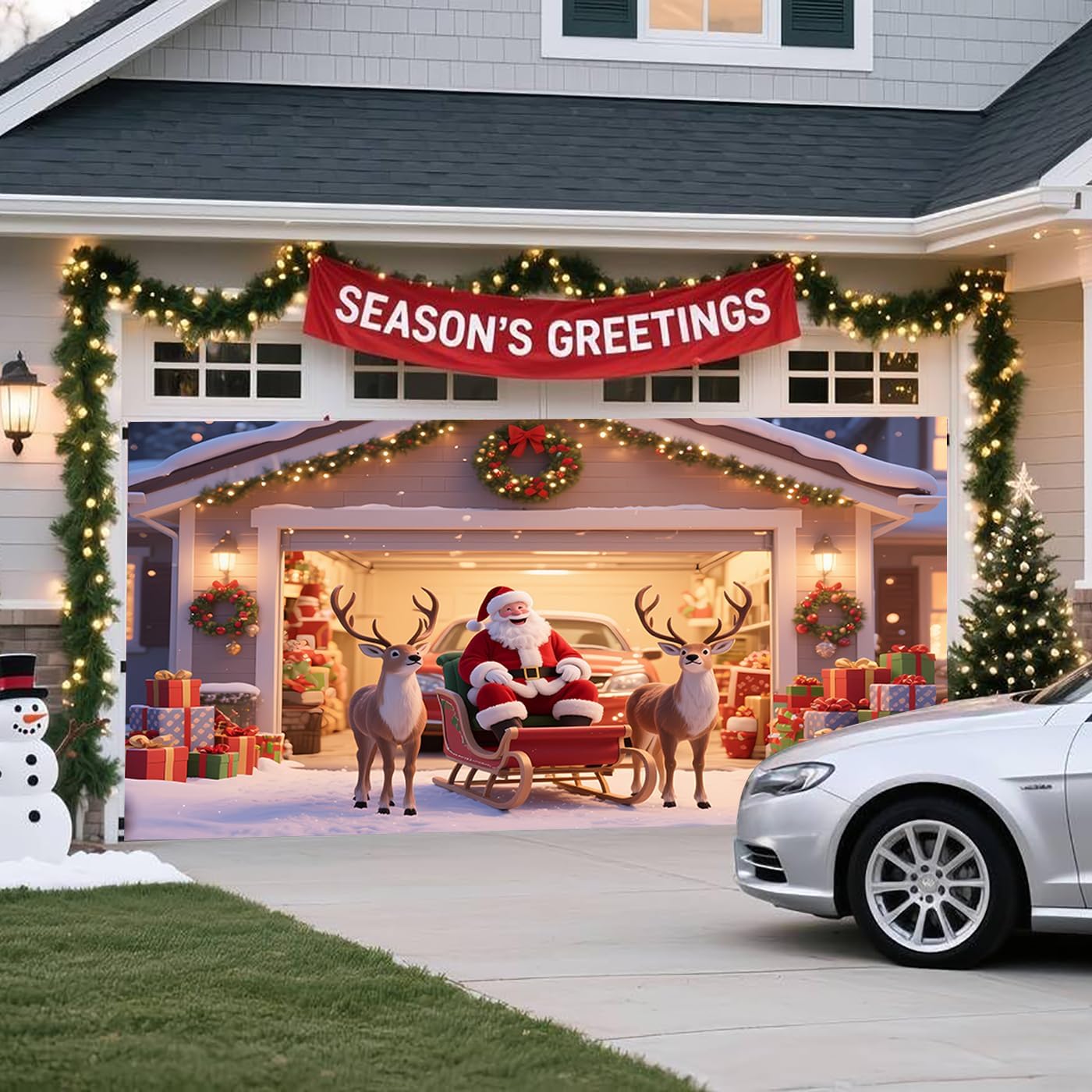 Christmas Garage Door Banner – Santa Claus, Little Girl & Cute Dog Carrying, Large Outdoor Holiday Mural for Garage, Yard & Porch Decor,16 x 7ft/4.8 x 2.1m