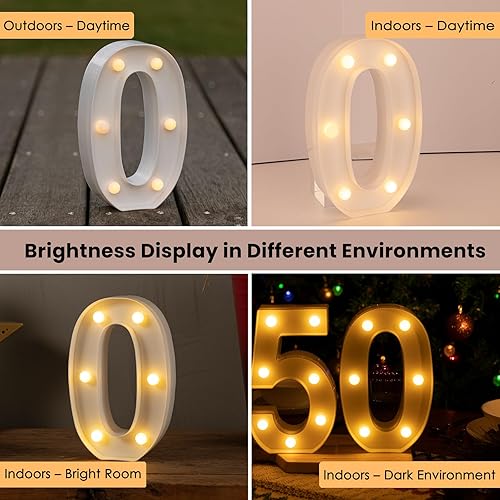 Miniatura 8 de HXWEIYE - Número luminoso 0 con luces LED, diseño de marquesina con 26 letras del alfabeto y 10 números, funciona con baterías, luz cálida blanca