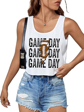 Womens Casual Game Day Shirts Trendy Football Cropped Tank Tops Cute Graphic Crop Tops for Teen Girls