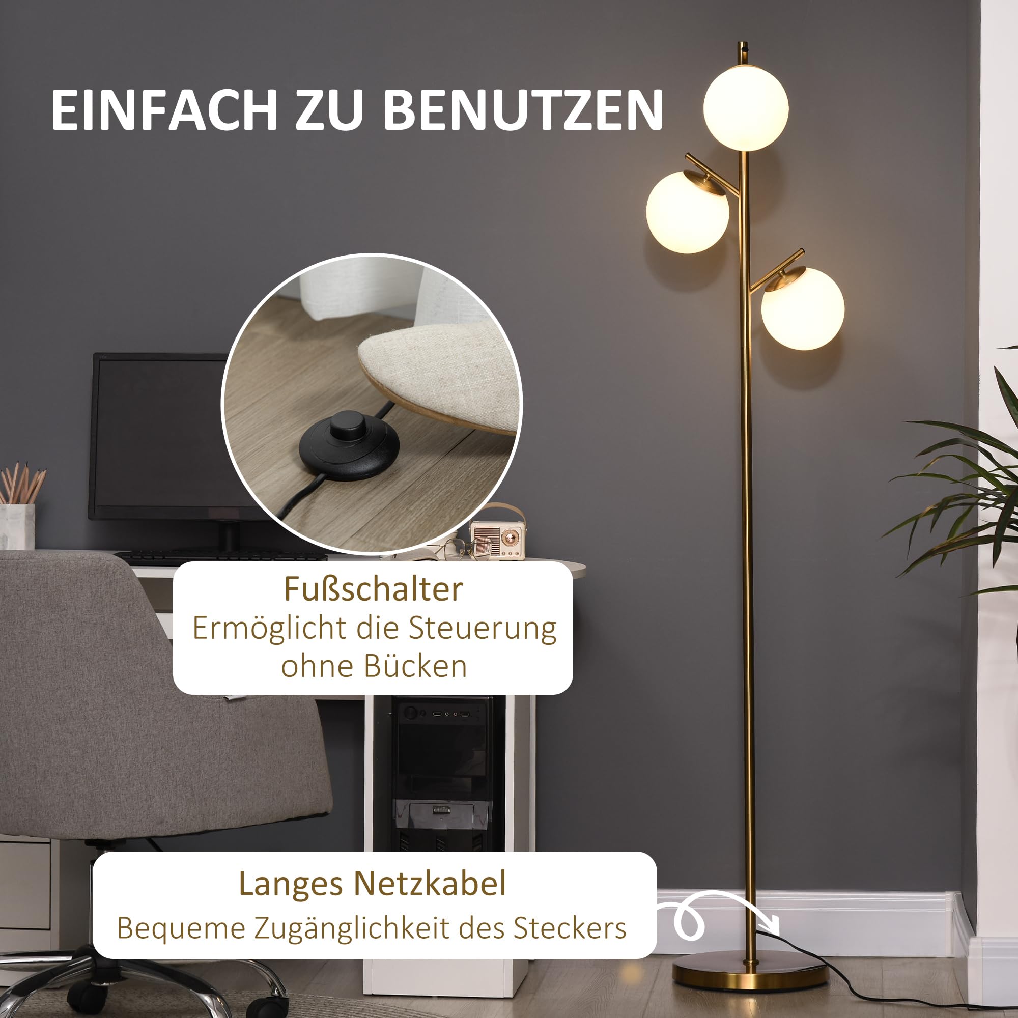 HOMCOM Stehlampe Wohnzimmer Stehleuchte Standleuchte mit 3 E27 Fassungen, 3 Lampenschirmen aus Glas, für Wohnzimmer Schlafzimmer, exkl. Glühbirne, Gold
