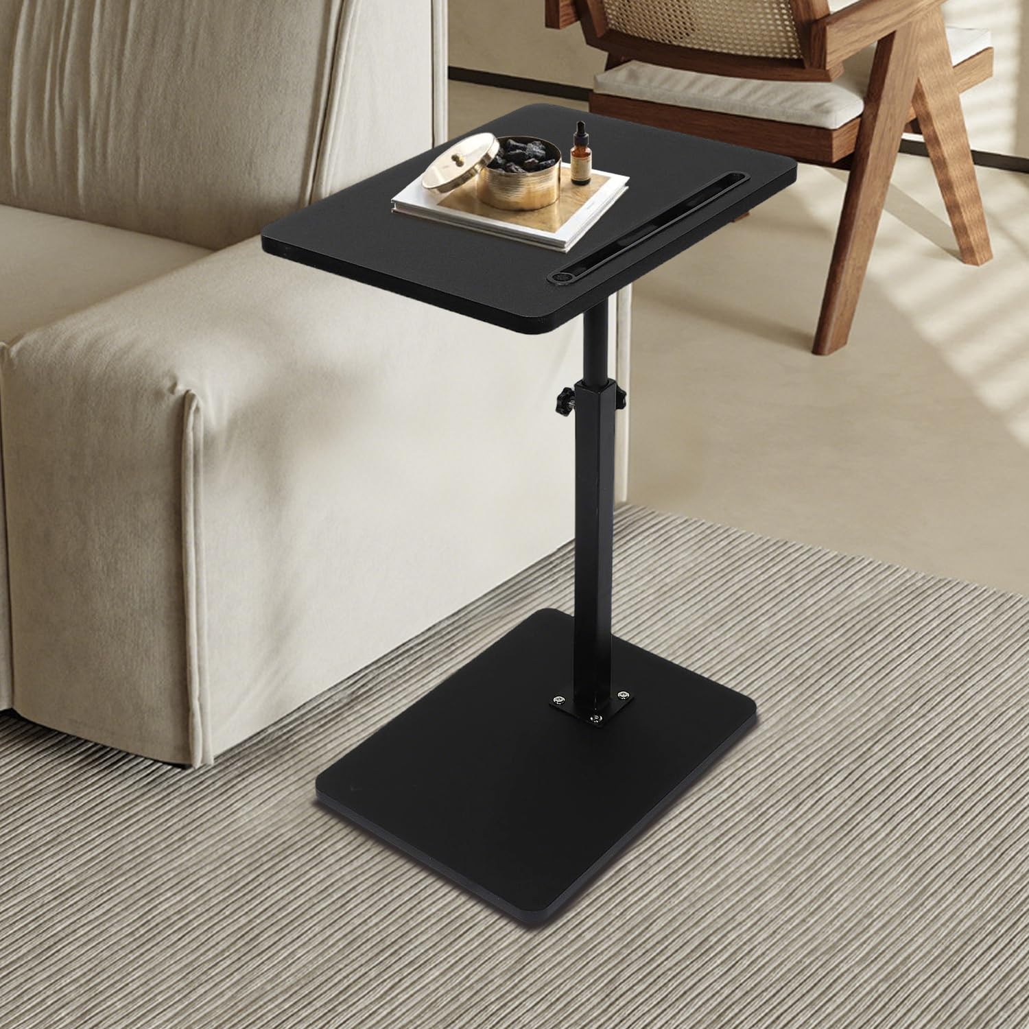 Simcat C Shaped Side Table,360 Degree Swivel Height Adjustable End Table,Sofa Armrest Tray Table (Black)
