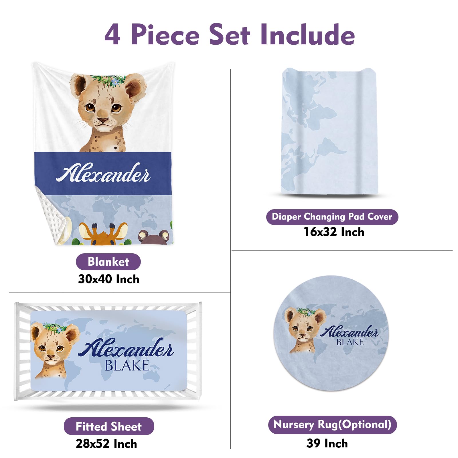 HSHRYY Custom Name Crib Bedding Set for Infant Baby, Personalized Nursery Decor Blue Leopard Baby Blanket Fitted Crib Sheet Changing Pad Cover Room Rug 4 Pcs, A