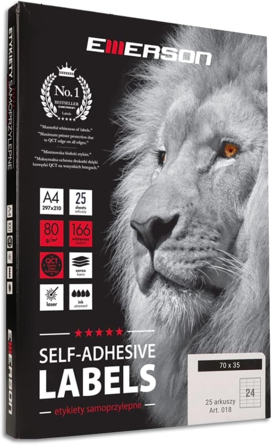 Emerson 70 x 35 mm, 24 Pieces/Sheet, 25 Sheets, A4 Universal self-Adhesive Labels, self-Adhesive Stickers for Labelling, Labels for Labelling, Stickers for Label Printing