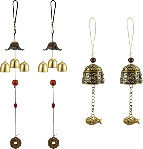 4 carillones de viento Feng Shui chino Feng Shui Metal Lucky Bell 3 campanas de viento colgantes vintage dragón y peces carillón colgante para buena