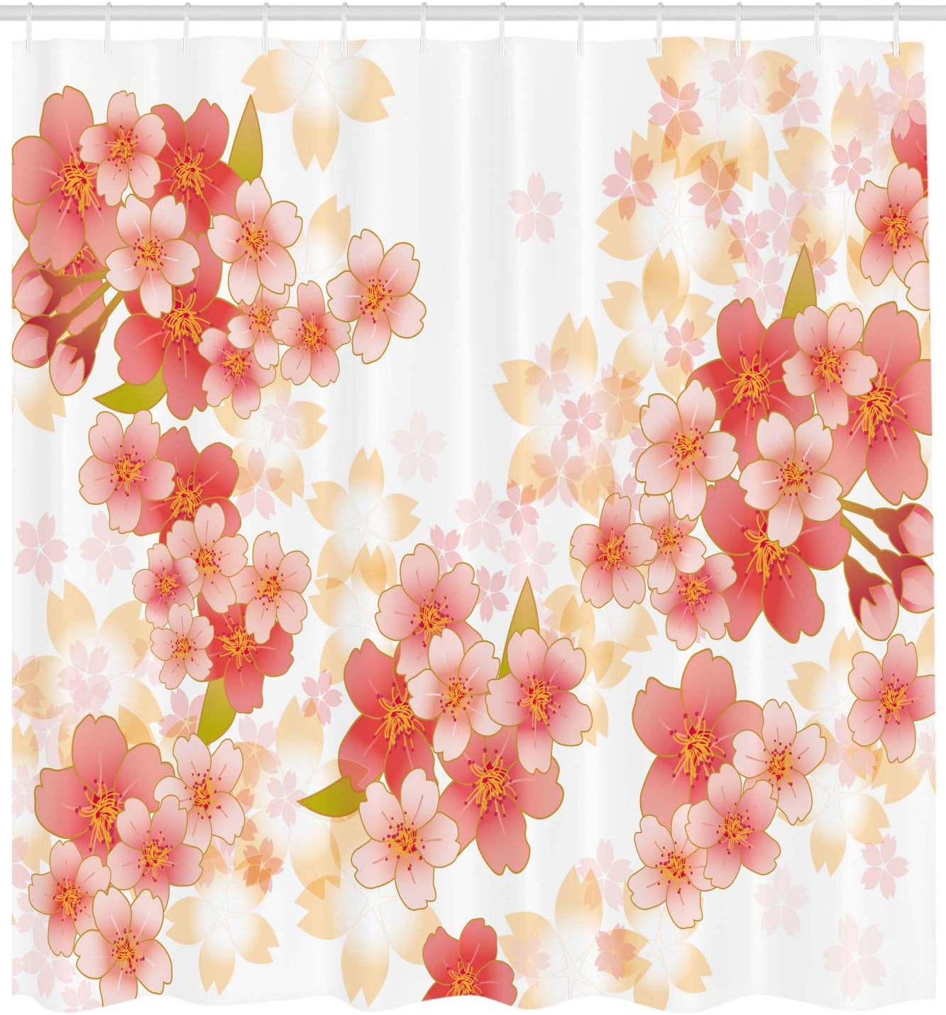 Ambesonne Floral Shower Curtain, Japanese Sakura Flowers Cherry Blossoms in Vibrant Colors Illustration, Cloth Fabric Bathroom Decor Set with Hooks, 69" W x 70" L, Coral Dark Coral Yellow