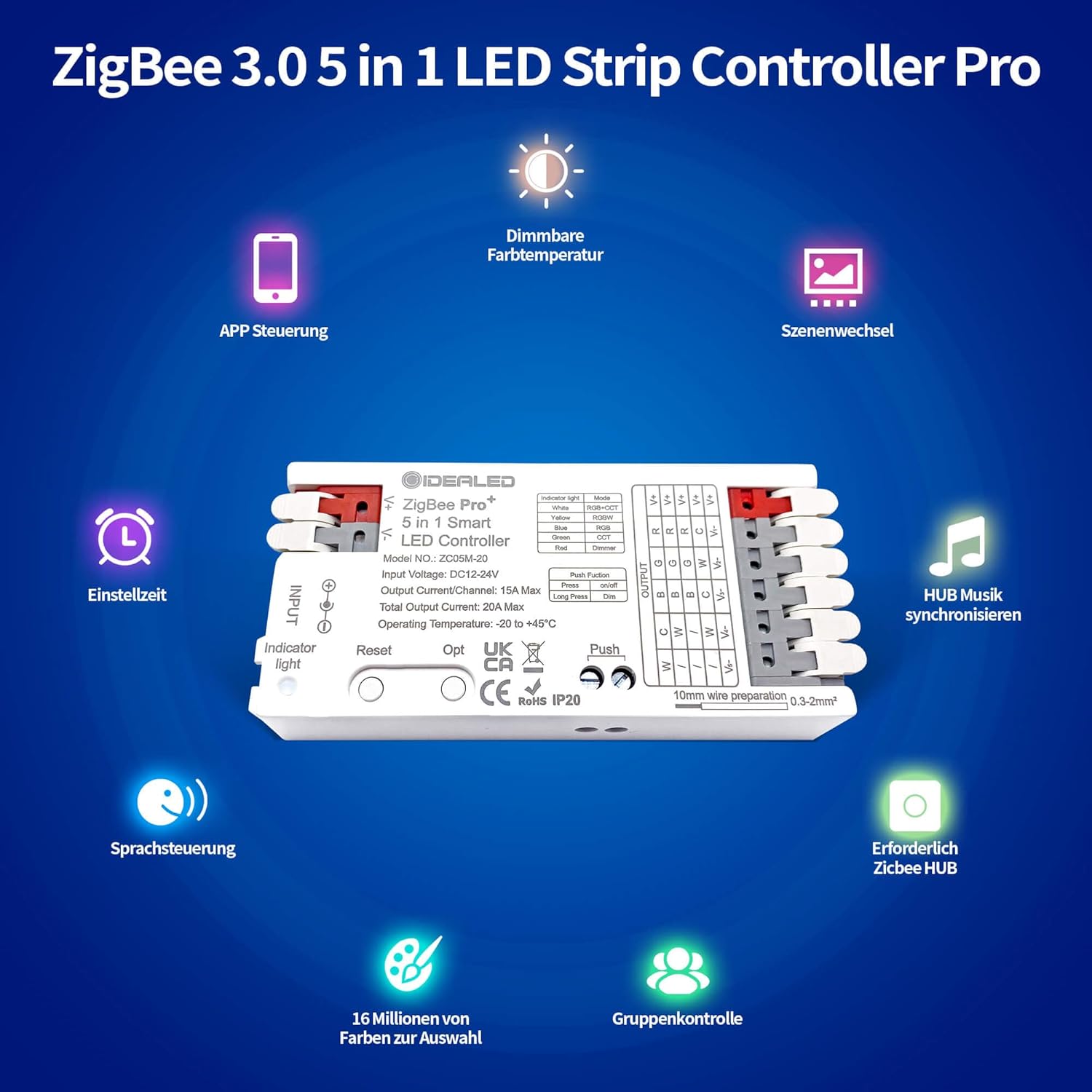 GIDEALED ZigBee LED Controller with 24V Power Supply,Require ZigBee Hub Bridge for RGBWW RGBW RGB CCT LED Strip Light Dimmable 1%~100%