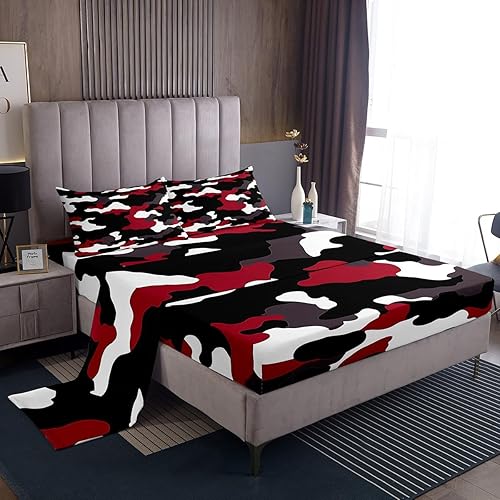 Miniatura 2 de Sábana bajera ajustable de camuflaje para niños, 4 piezas, sábanas de camuflaje militar para adolescentes, jóvenes y adultos, juego de ropa de cama