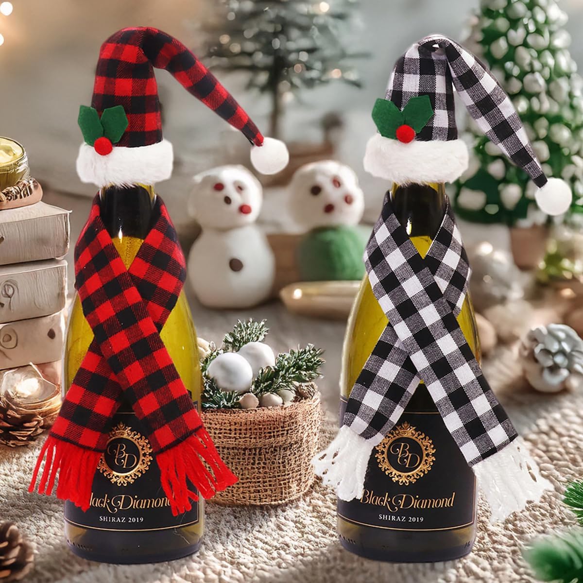 8 Pieces Christmas Wine Bottle Cover Set Red Black White Black Buffalo Plaid Mini Xmas Santa Hat Scarf Wine Bottle Toppers for Christmas Party Table Decoration