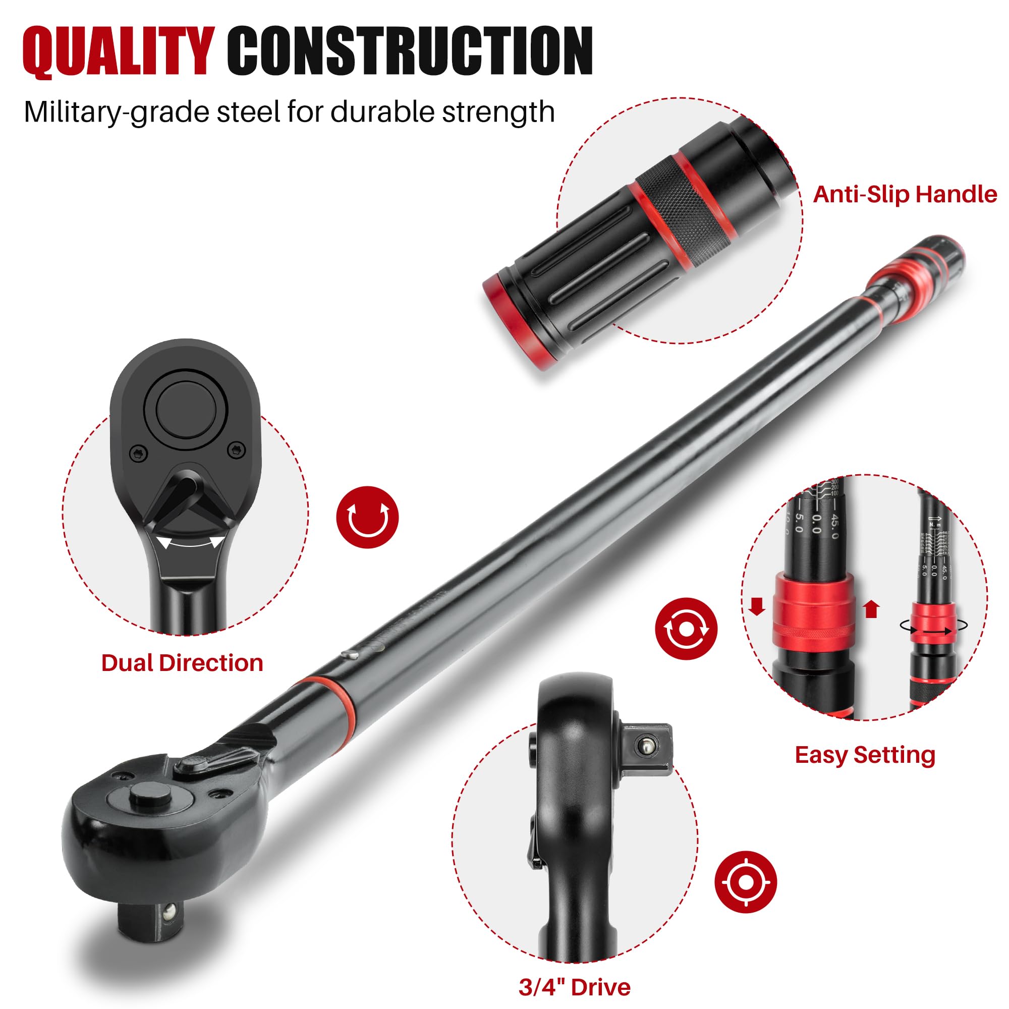 Chiave dinamometrica a scatto da 3/4", 136-949 Nm, chiave dinamometrica regolabile a 48 denti, precisione 3% per auto, camion, trattori, manutenzione e assemblaggio del prodotto