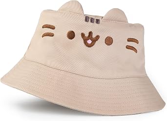 Pusheen Cat Womens Beige Bucket Hat | 3D Ears | Casual Sun Protection | Cute Cartoon Accessory