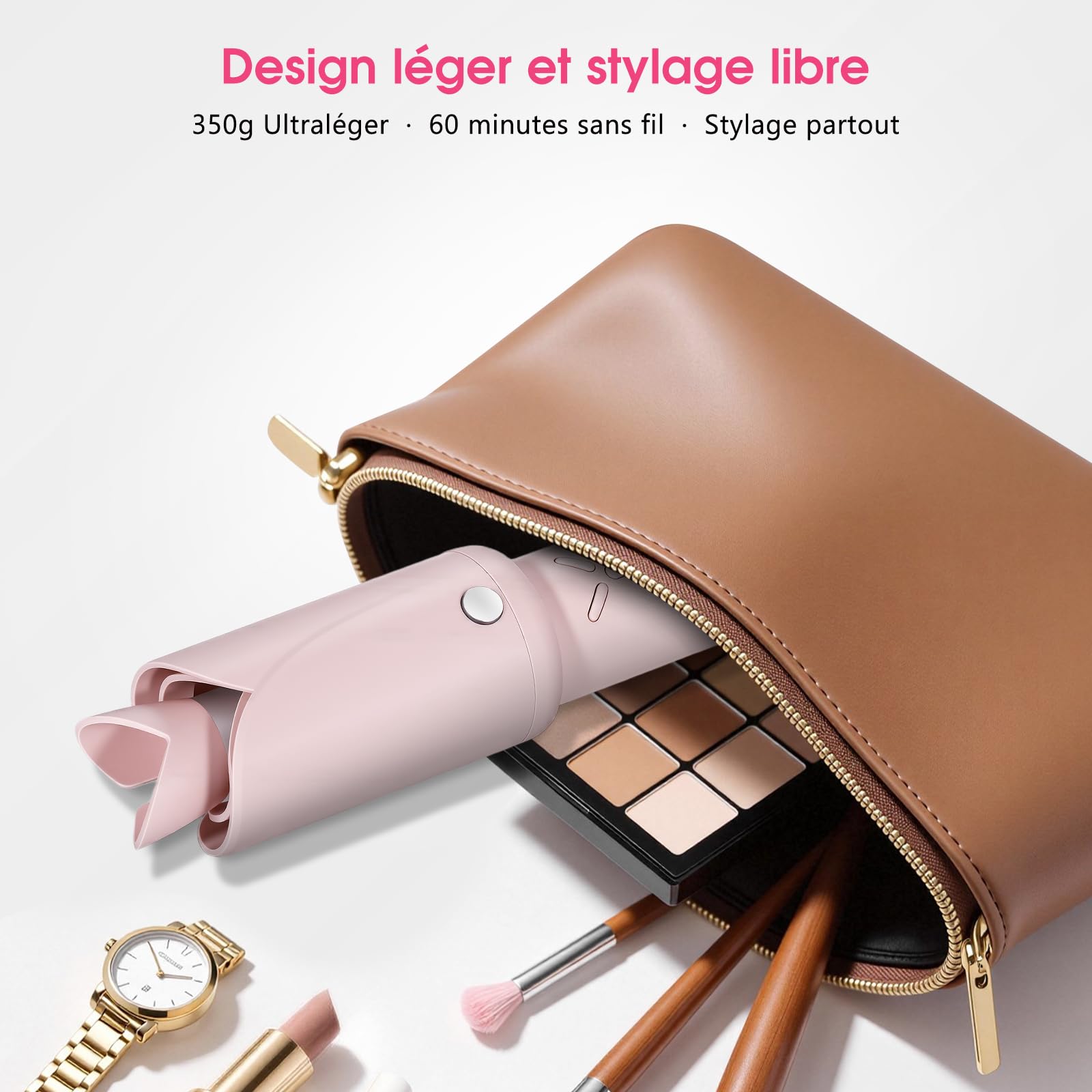 Fer À Boucler Automatique Sans Fil 32mm, 4 Temp, Léger 350g | Cheveux Mi-Longs | 2600 mAh | 140–200 °C | Céramique Tourmaline | Chauffage 60S | Capteur Anti-Emmêlement Intégré
